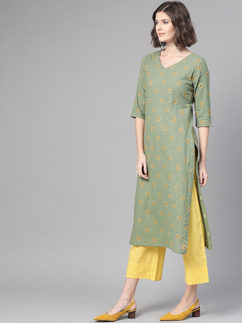 Nayo Women Green & Yellow Cotton Straight Floral Printed Kurta