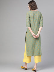 Nayo Women Green & Yellow Cotton Straight Floral Printed Kurta