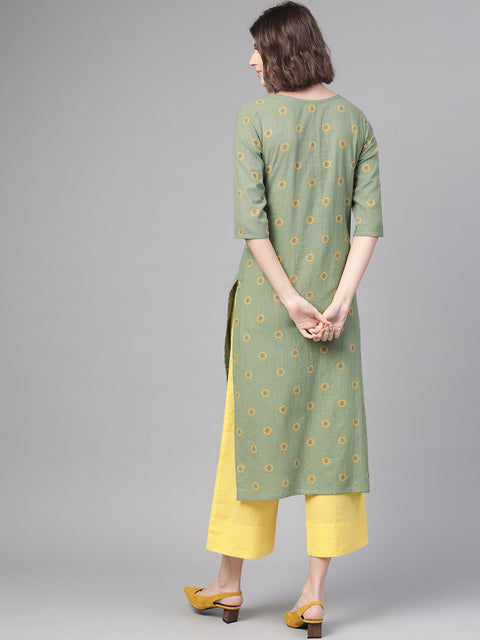 Nayo Women Green & Yellow Cotton Straight Floral Printed Kurta