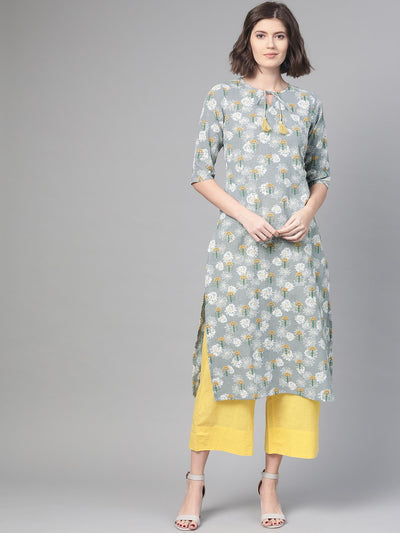 Nayo Women Grey & Yellow Cotton Straight Floral Printed Kurta