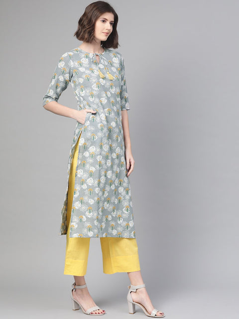 Nayo Women Grey & Yellow Cotton Straight Floral Printed Kurta