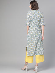 Nayo Women Grey & Yellow Cotton Straight Floral Printed Kurta