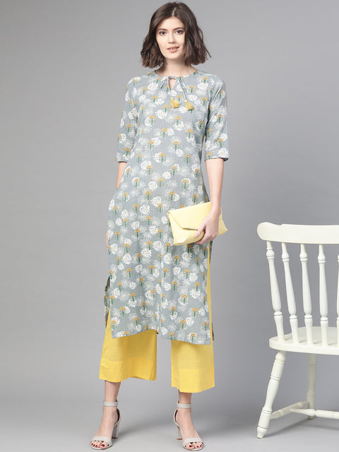 Nayo Women Grey & Yellow Cotton Straight Floral Printed Kurta