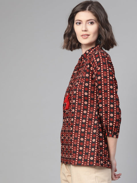 Nayo Women Black & Rust Regular Printed Top