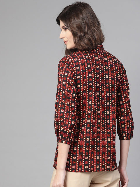 Nayo Women Black & Rust Regular Printed Top