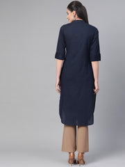 Nayo Women Navy Blue &  Cotton Straight Solid Solid Kurta
