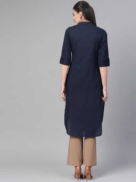 Nayo Women Navy Blue &  Cotton Straight Solid Solid Kurta