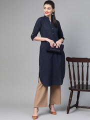 Nayo Women Navy Blue &  Cotton Straight Solid Solid Kurta