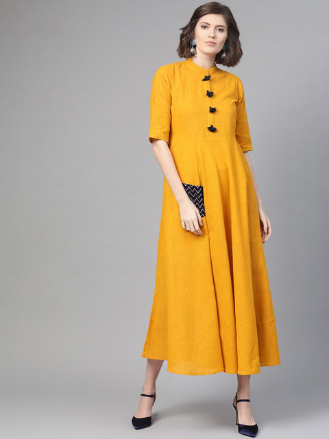 Nayo Women Mustard & Black Solid Fit and Flare Dress