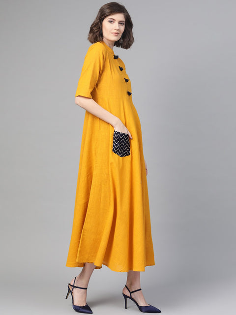 Nayo Women Mustard & Black Solid Fit and Flare Dress