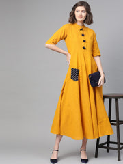 Nayo Women Mustard & Black Solid Fit and Flare Dress