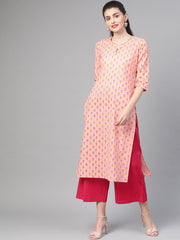 Nayo Women Peach & Yellow Cotton Straight Floral Printed Kurta