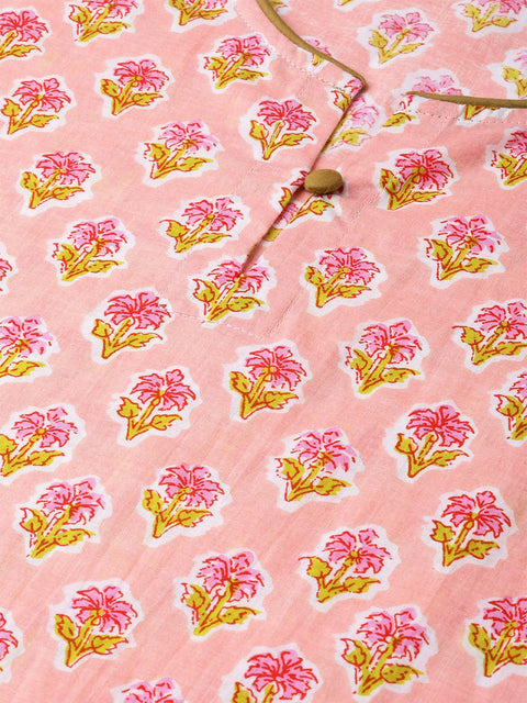 Nayo Women Peach & Yellow Cotton Straight Floral Printed Kurta