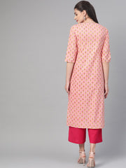 Nayo Women Peach & Yellow Cotton Straight Floral Printed Kurta