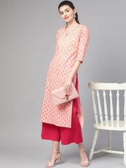 Nayo Women Peach & Yellow Cotton Straight Floral Printed Kurta