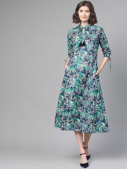 Nayo Women Grey & Navy Blue Floral Printed A-Line Dress