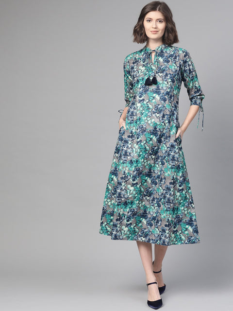 Nayo Women Grey & Navy Blue Floral Printed A-Line Dress