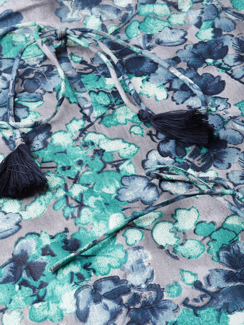 Nayo Women Grey & Navy Blue Floral Printed A-Line Dress