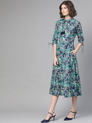 Nayo Women Grey & Navy Blue Floral Printed A-Line Dress