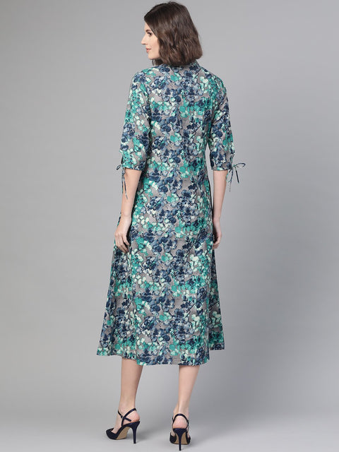 Nayo Women Grey & Navy Blue Floral Printed A-Line Dress