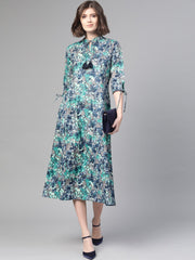 Nayo Women Grey & Navy Blue Floral Printed A-Line Dress