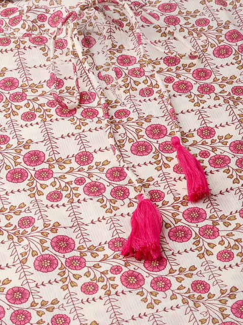 Nayo Women Off White & Pink Floral Printed A-Line Dress