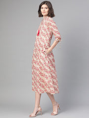 Nayo Women Off White & Pink Floral Printed A-Line Dress