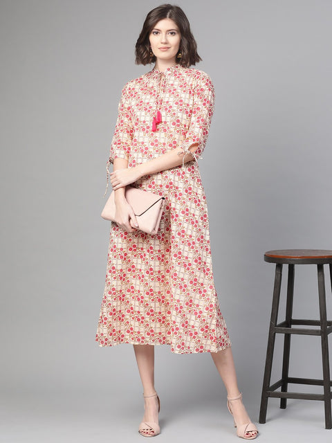 Nayo Women Off White & Pink Floral Printed A-Line Dress