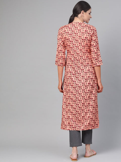 Nayo Women Peach & Burgundy Straight Floral Printed Kurta And Trousers Set