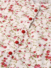 Nayo Women White & Pink Cotton Printed Mandarin Collar Tunic