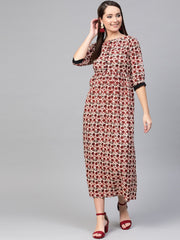 Nayo Women Cream & Brown Floral Printed Maxi Dress