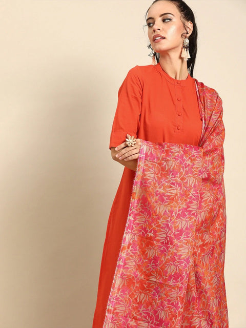 Women Orange Solid Kurta with Trousers & Dupatta