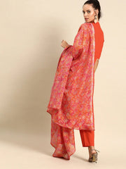 Women Orange Solid Kurta with Trousers & Dupatta