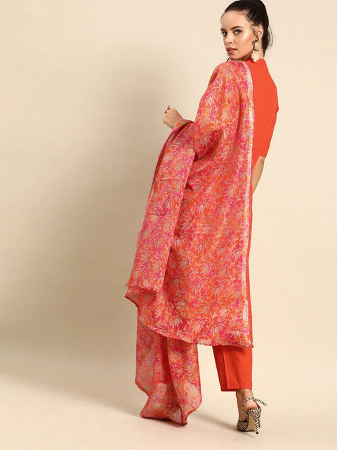 Women Orange Solid Kurta with Trousers & Dupatta