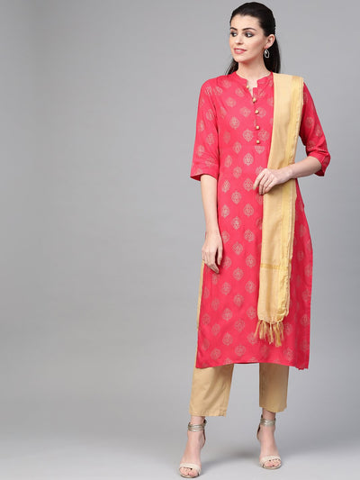 Nayo Women Pink & Gold Straight Ethnic Motifs Printed Kurta And Trousers Set