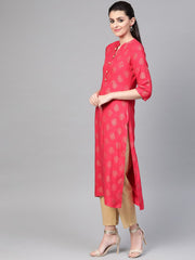Nayo Women Pink & Gold Straight Ethnic Motifs Printed Kurta And Trousers Set
