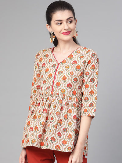 Nayo Women Cream & Orange Cotton Printed V-Neck Tunic