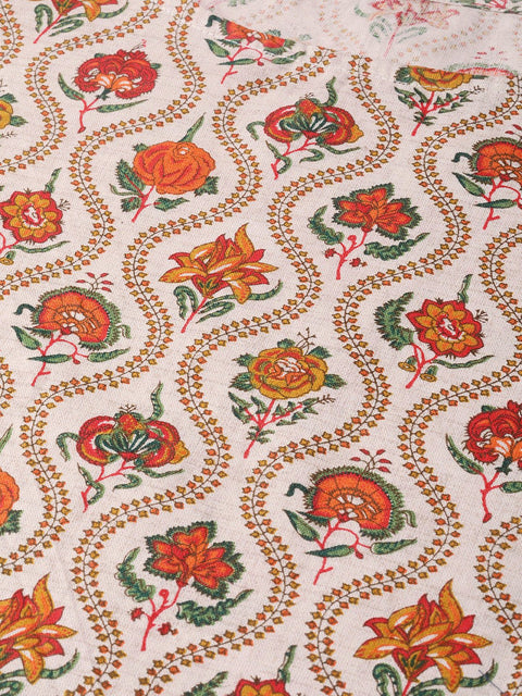 Nayo Women Cream & Orange Cotton Printed V-Neck Tunic