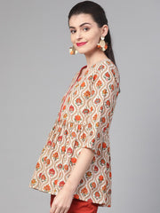 Nayo Women Cream & Orange Cotton Printed V-Neck Tunic