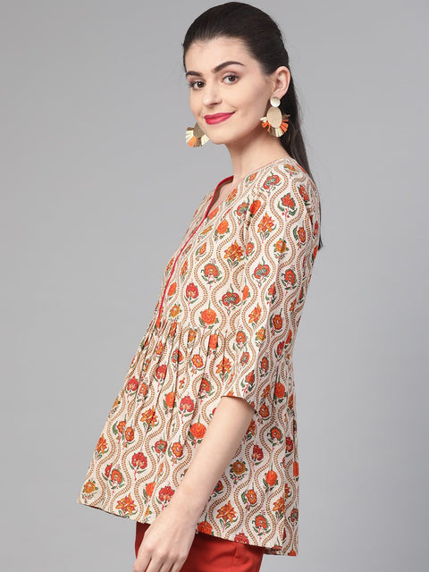 Nayo Women Cream & Orange Cotton Printed V-Neck Tunic