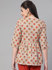 Nayo Women Cream & Orange Cotton Printed V-Neck Tunic