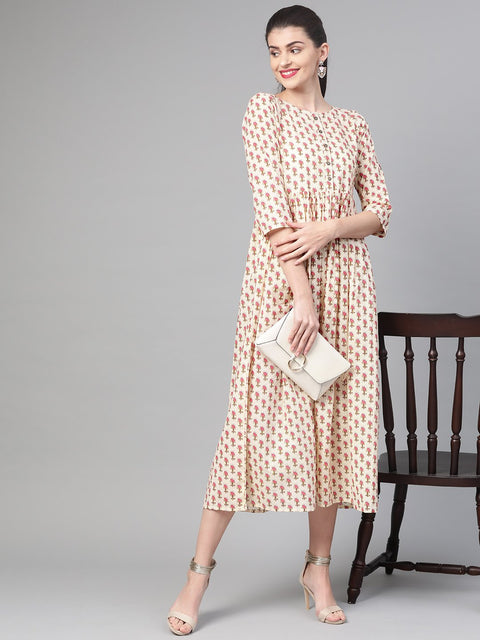 Nayo Women Cream & Pink Floral Printed Maxi Dress