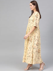 Nayo Women Cream & Orange Floral Printed Maxi Dress