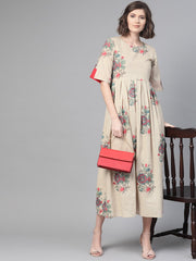 Nayo Women Cream & Coral Floral Printed Maxi Dress