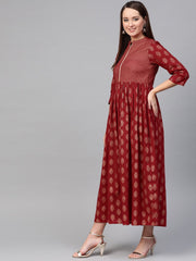 Nayo Women Maroon & Gold Ethnic Motifs Printed Maxi Dress