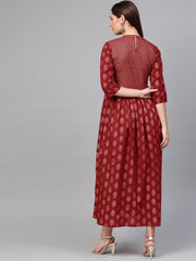 Nayo Women Maroon & Gold Ethnic Motifs Printed Maxi Dress