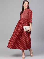 Nayo Women Maroon & Gold Ethnic Motifs Printed Maxi Dress