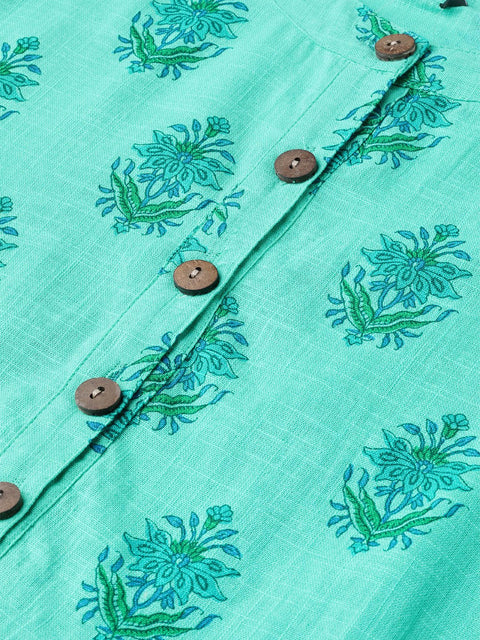 Nayo Women Blue & Green Cotton Printed Mandarin Collar Tunic