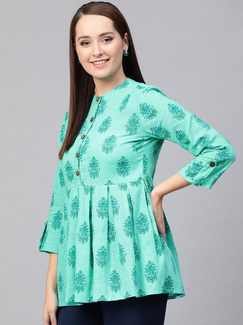 Nayo Women Blue & Green Cotton Printed Mandarin Collar Tunic