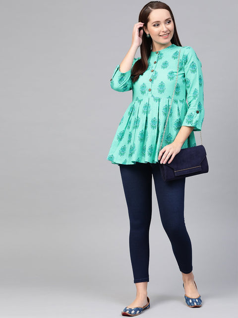 Nayo Women Blue & Green Cotton Printed Mandarin Collar Tunic